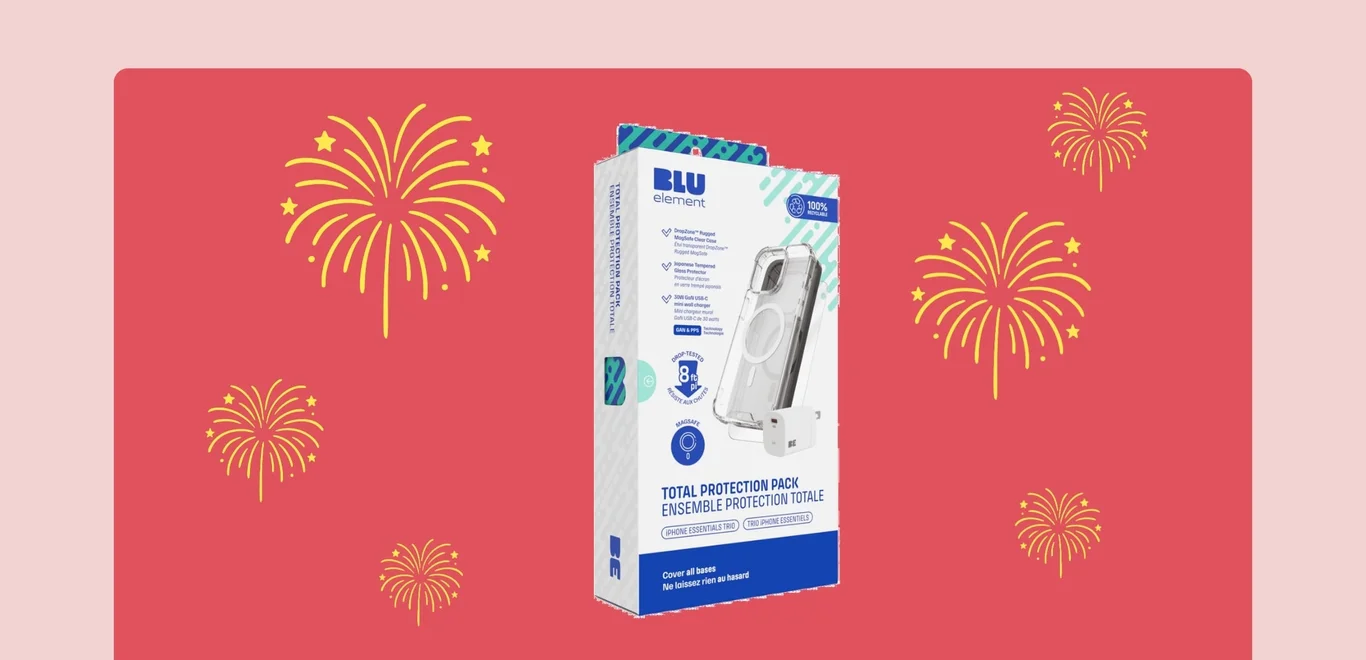 Small gold fireworks burst around a Blu Element case 7 screen protector in white box on a medium pink rectangle against a light pink background.
